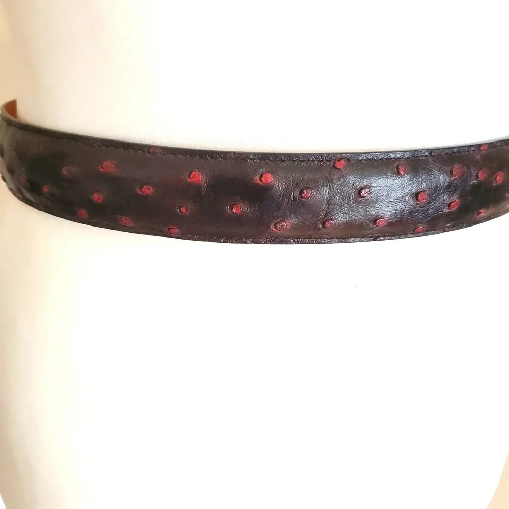 Nocona Dark Brown Red Leather Belt 32 Ostrich Pattern Silver Tone Buckle Western